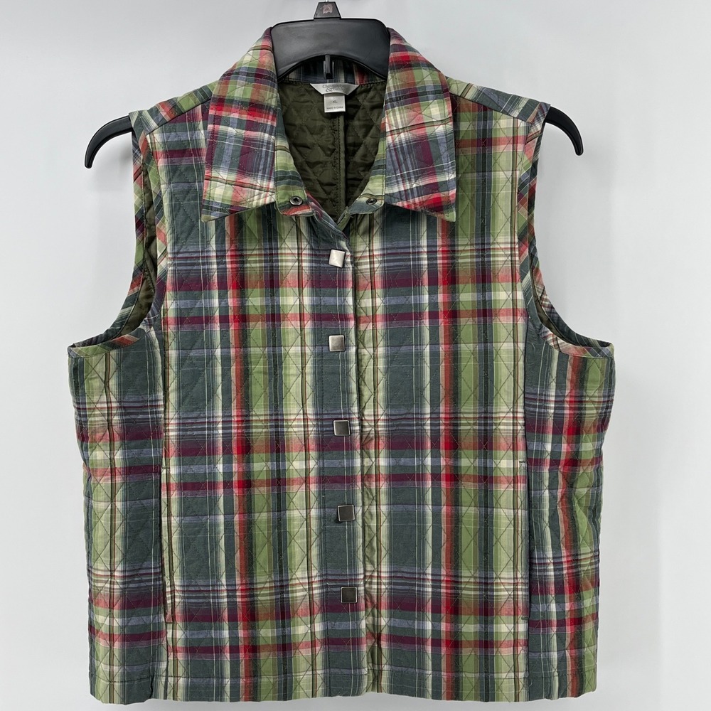 Christopher & Banks Womens XL Green Red Plaid Quilted Snap Front Vest 01672-6205